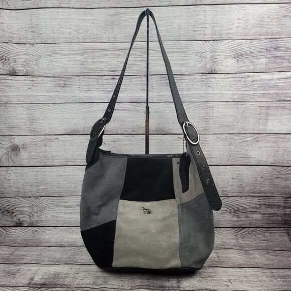 Emma Fox Leather Purse Shoulder Bag Strap Tote Bucket Style Black Gray Patchwork - Picture 1 of 11